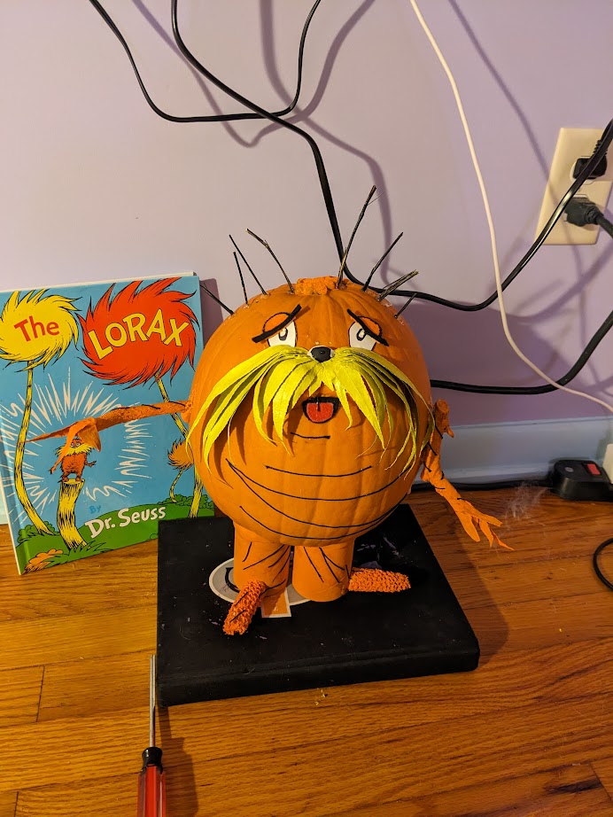 a pumpkin decorated to look like Dr. Suess' Lorax