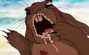 a battleworn one eyed rabbit screaming from the animated film 'Watershipdown'.